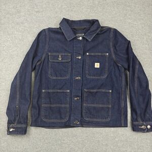 Carhartt Jacket Womens Large Blue Denim Relaxed Fit Work Chore Button Pockets